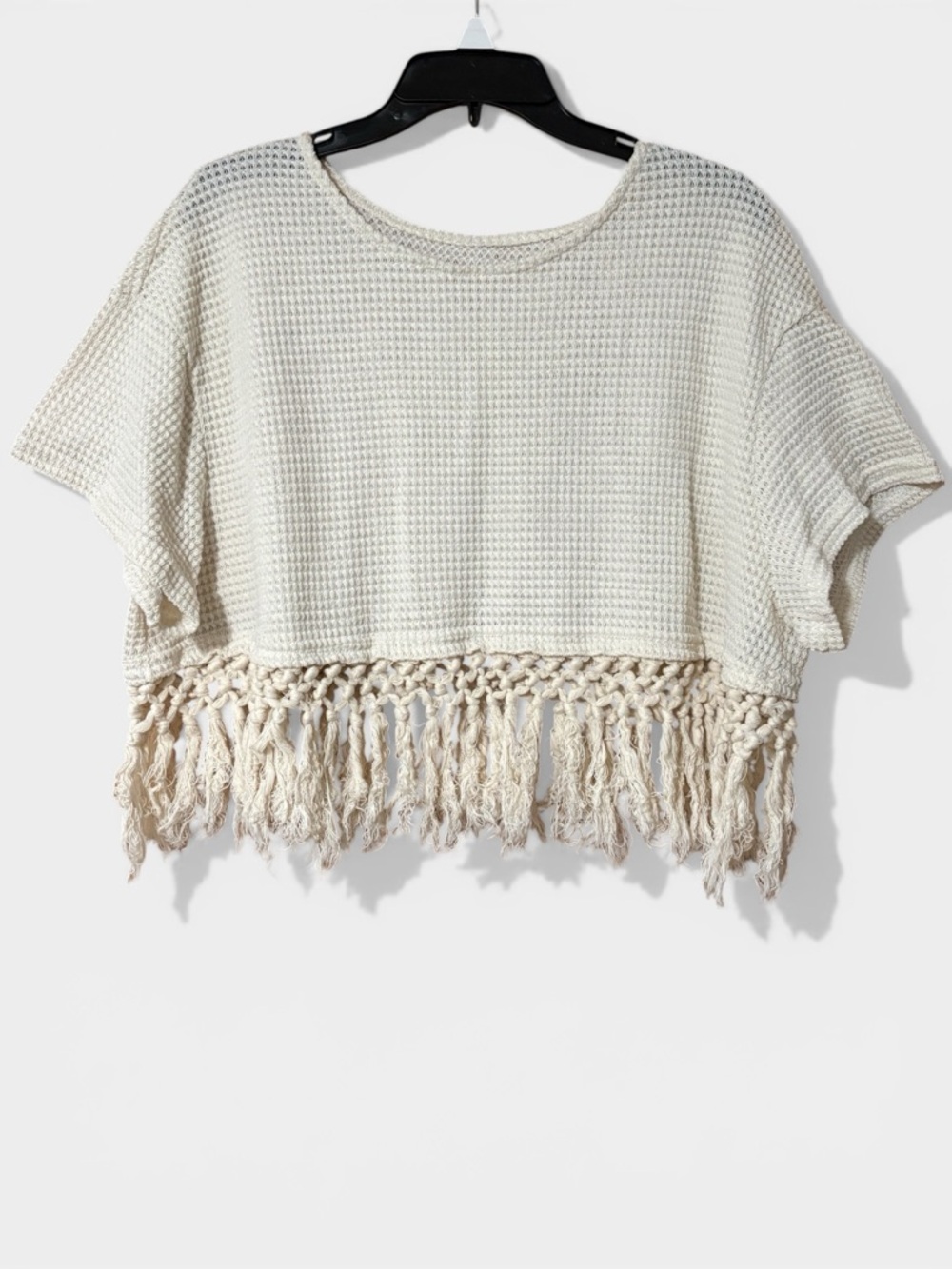 Shein Curve 1XL Cream Waffle Knit Fringe Crop Top Boho Festival Tassel